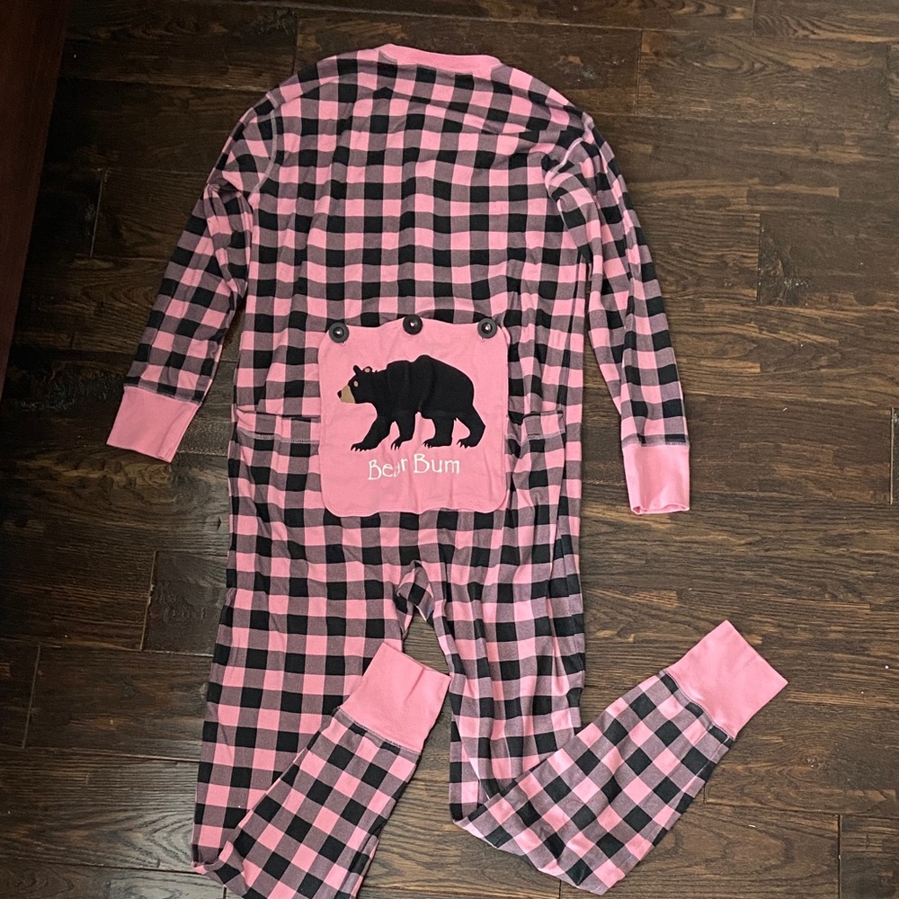 Little Blue House Hatley Bear Bum Pink and Black Checkered Onesie Pajama PJs M